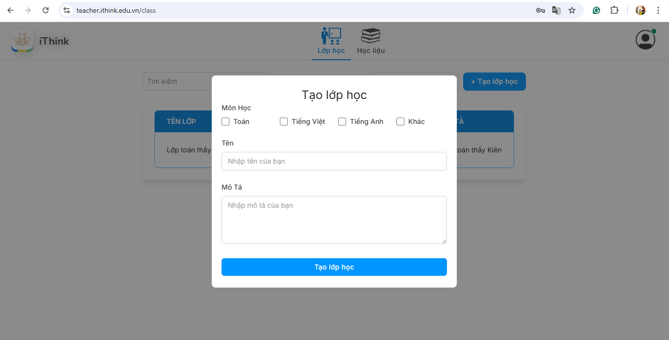 Popup Tạo lớp học
