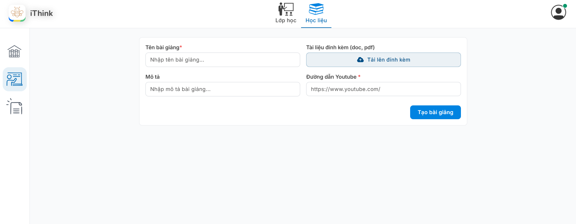 Màn hình Tạo bài giảng từ video có sẵn từ Youtube