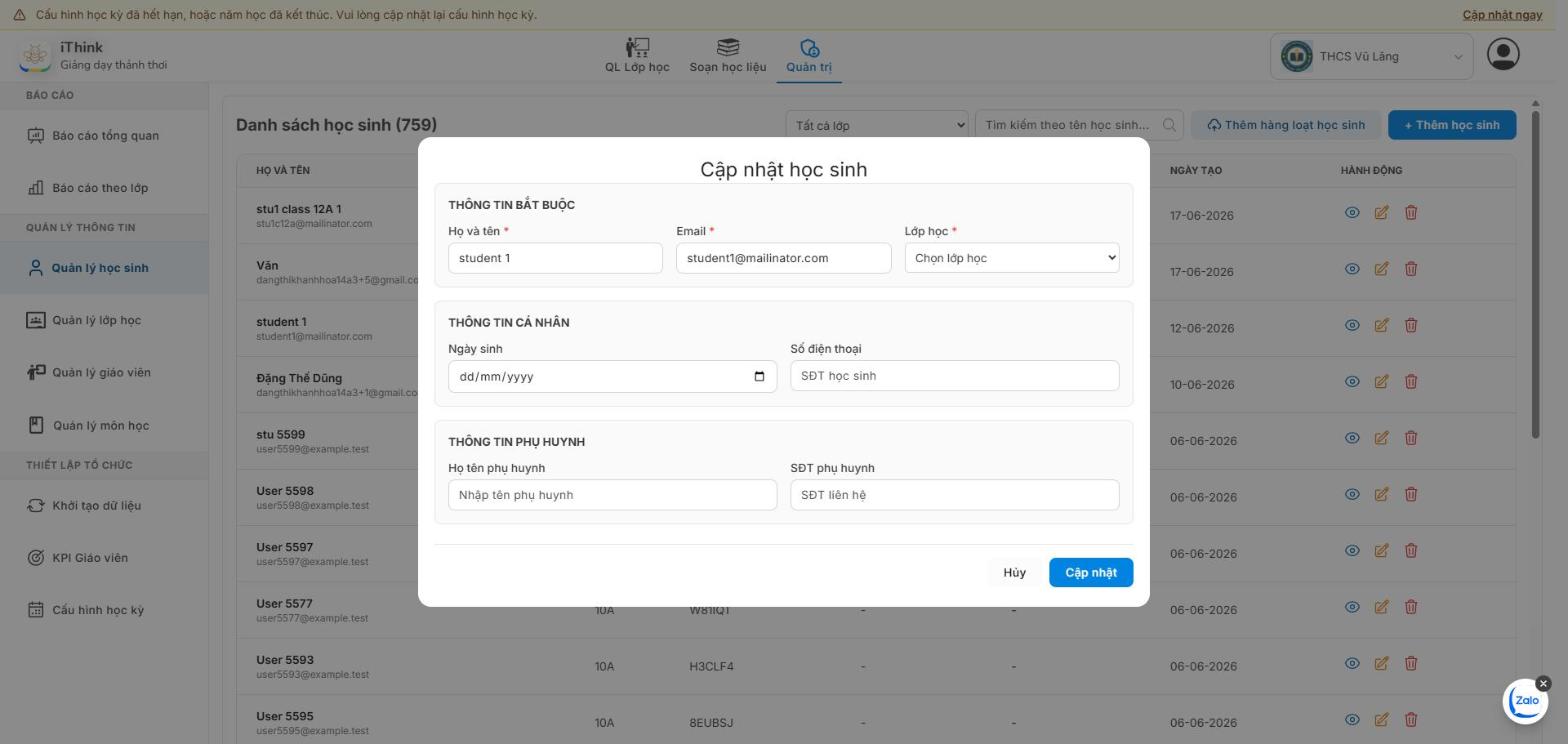 Cửa sổ Cập nhật học sinh