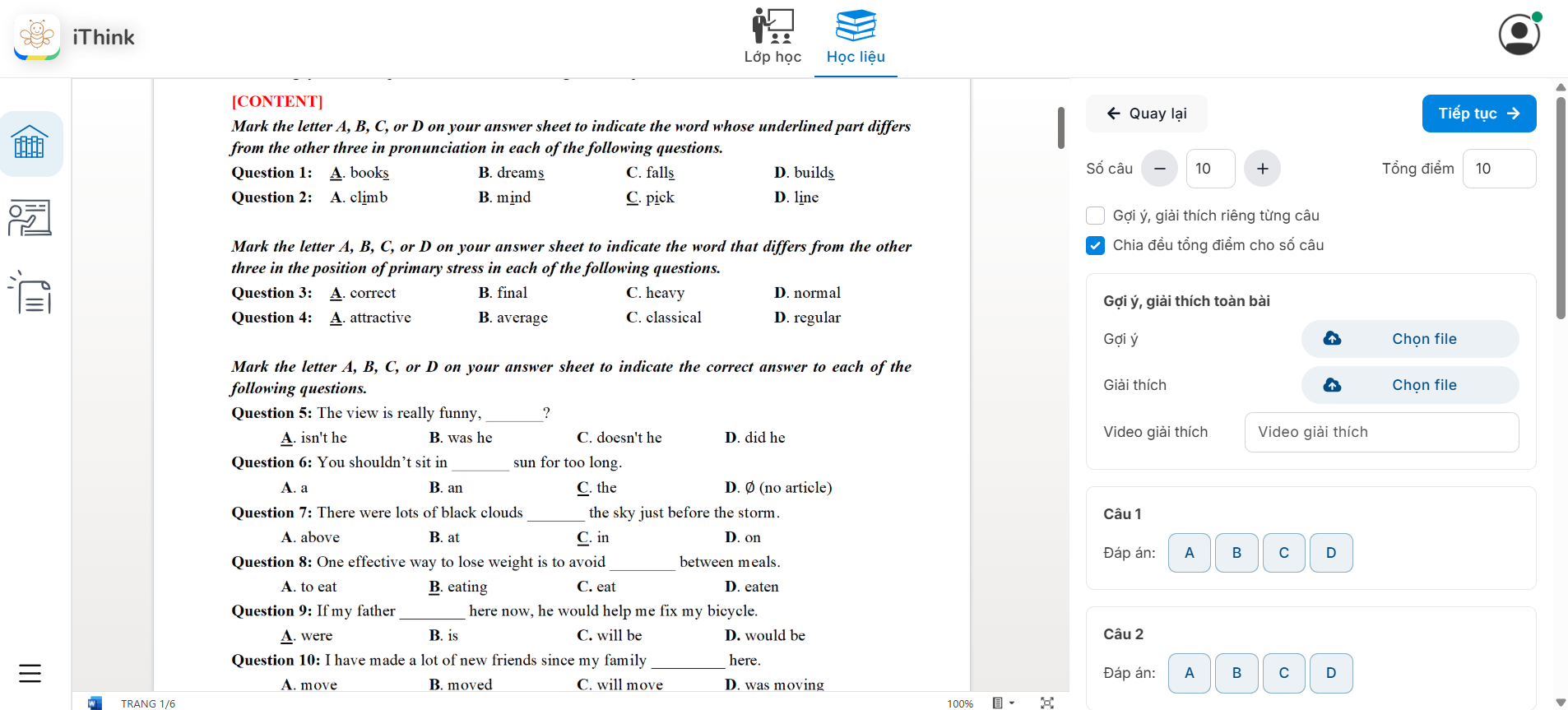 Màn hình nhập thêm thông tin bài tập/đề thi