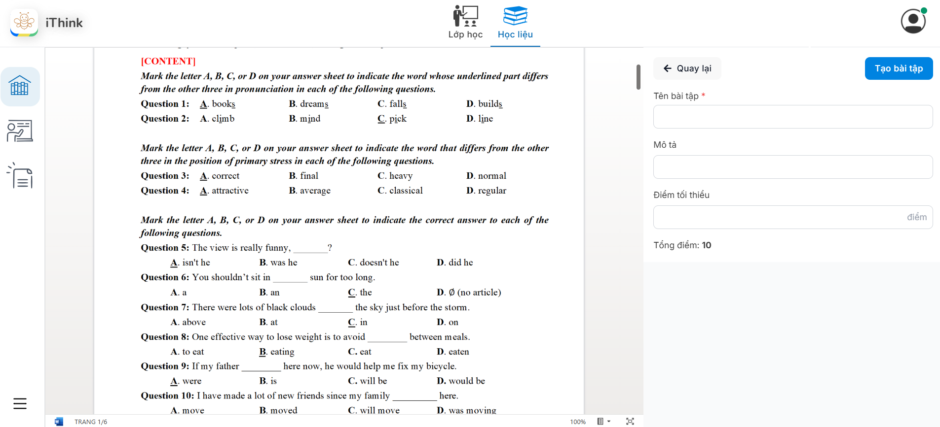 Màn hình nhập thông tin chung của Bài tập/Đề thi
