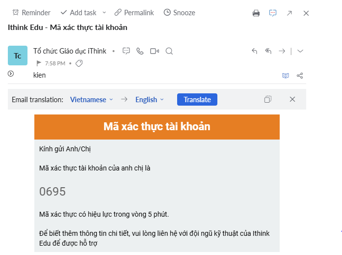 Mã xác thực gửi tới email quý thầy cô đã nhập tại bước 2