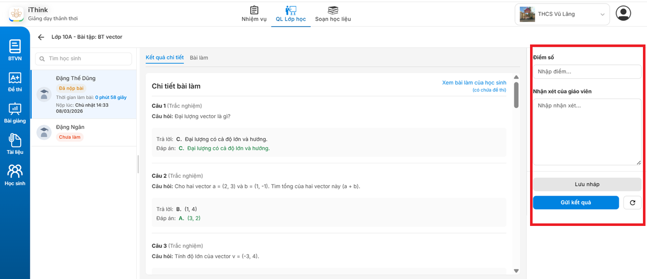 Màn hình chấm điểm BTVN/Đề thi