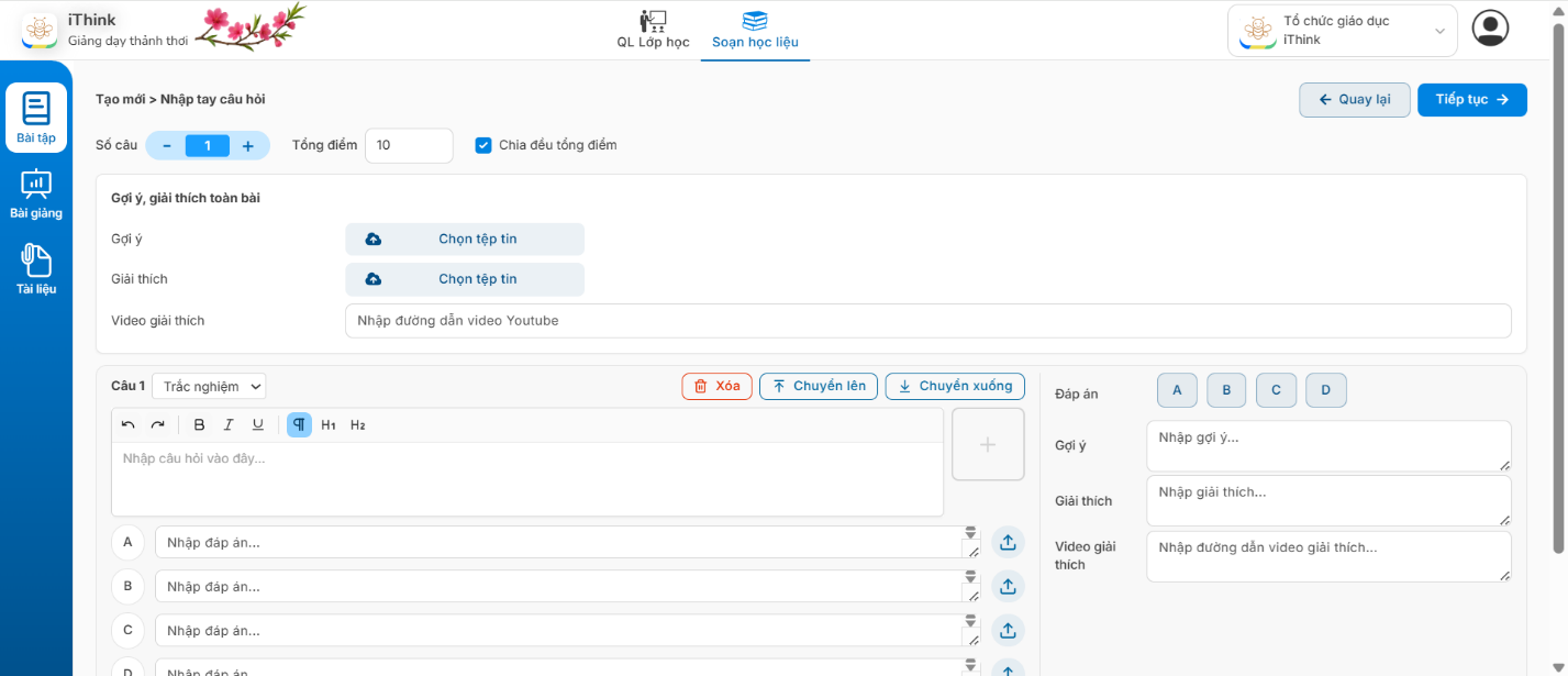 Màn hình nhập Bài tập/Đề thi