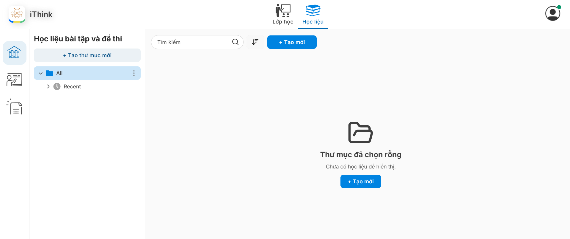 Màn hình Học liệu bài tập và đề thi