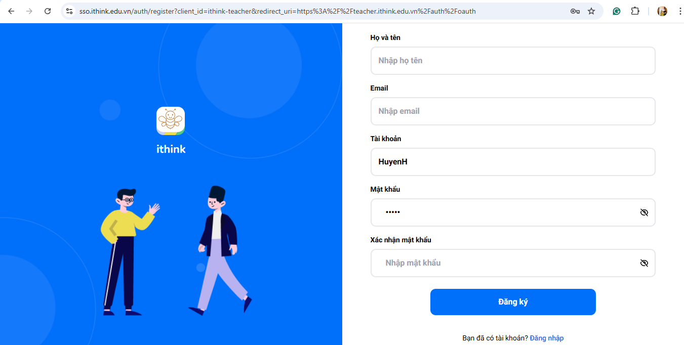 Màn hình đăng ký tài khoản giáo viên