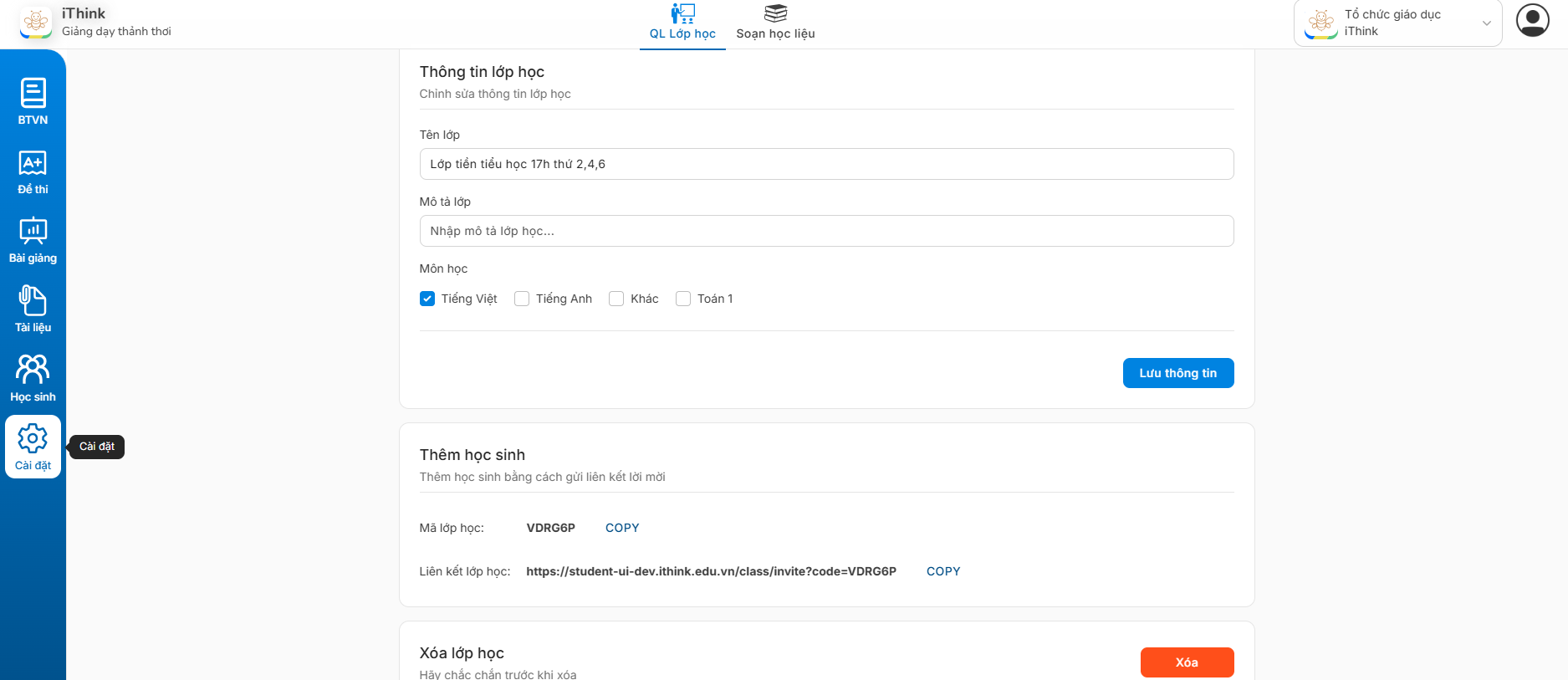 Màn hình Cài đặt của lớp học