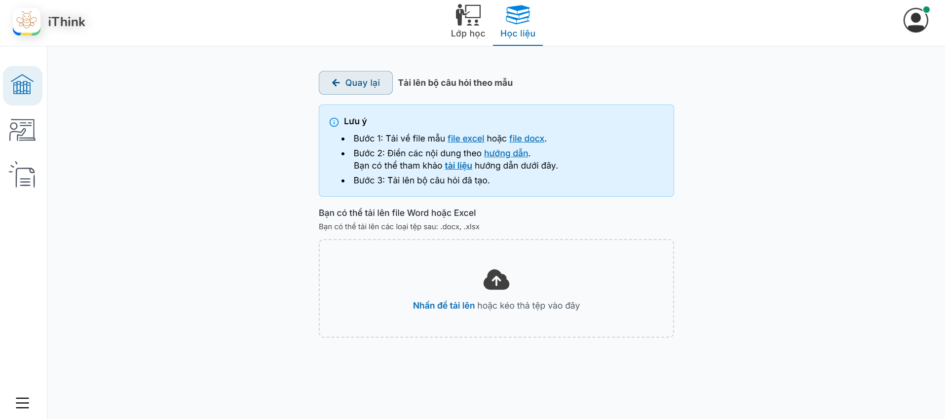 Màn hình Tải lên bộ câu hỏi theo mẫu